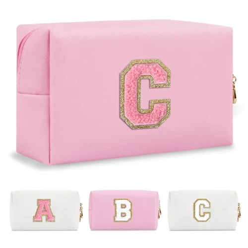 Miniatura 195 de Pequeña bolsa de maquillaje personalizada con inicial A-Z Preppy Patch, bolsa de cosméticos de viaje de felpilla blanca con cremallera, bonita bolsa