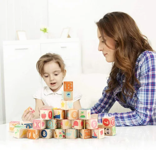 Miniatura 6 de Bloques de construcción de juguete ABC de madera para niños pequeños de 1 a 3 años, 36 bloques de números del alfabeto de madera para apilar