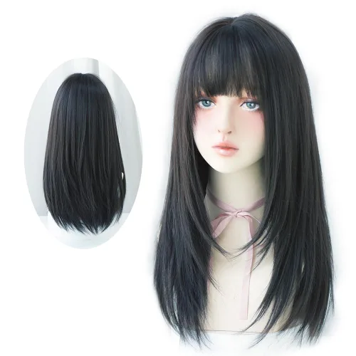 Miniatura 16 de Peluca de 22 pulgadas de largo y lacia con flequillo de cortina para mujer, cabello sintético negro, resistente al calor, para fiesta, cosplay, Té
