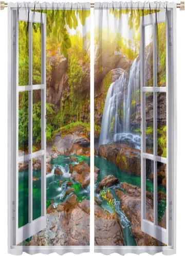Miniatura 53 de Cortinas de paisaje, ventana tropical con vista al mar, océano, playa, barco, cortinas con estampado de palmeras para dormitorio, sala de estar, Mar
