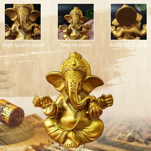 Miniatura 3 de Estatuas hindú de oro de Lord Ganesha, 1 pieza de escultura de resina de elefante indio, estatua de Dios, figura de Ganesh, adornos de elefante