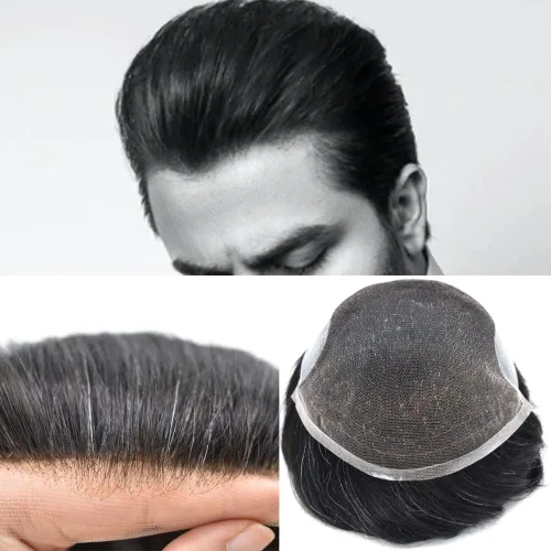 Miniatura 5 de Toupee para hombre, encaje suizo frontal, nudos blanqueados, línea capilar natural, sistemas de reemplazo de cabello humano tipo tupé, piezas hechas