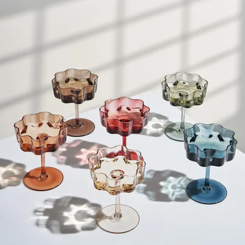 Khen Flower - Juego de 6 copas de martini, champán y cóctel, de vidrio ondulado vintage - Juego de 6 vasos de cóctel coloridos y champán, prosecco,
