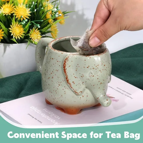 Miniatura 5 de Taza de té de elefante, taza de té de cerámica de 15 onzas con soporte para bolsa de té, taza única de cerámica verde, ideal para un amante del té