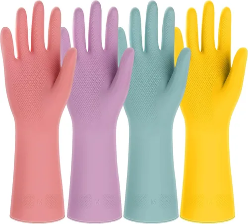 4 pares de guantes de goma para lavar platos de cocina – Coloridos guantes reutilizables de limpieza del hogar, tareas al aire libre para mujeres y