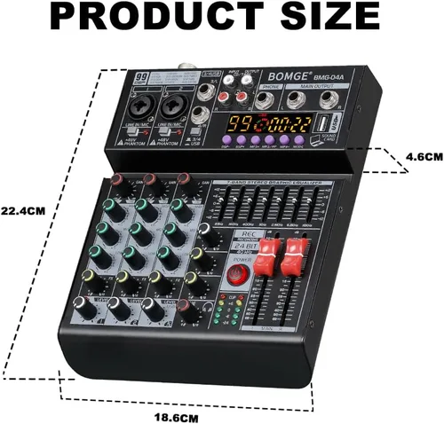 Miniatura 8 de BOMGE Mezclador de audio 04A, consola de mezcla de tablero de sonido profesional con USB/Bluetooth/Computadora/Mezclador de DJ de entrada estéreo