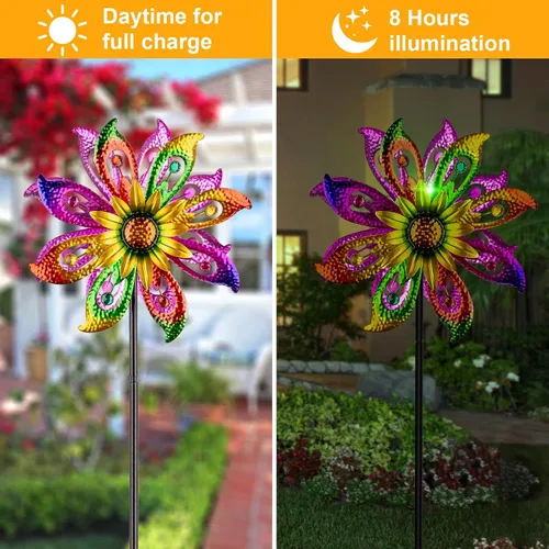 Miniatura 4 de Molinillo de viento solar de 360° con luces, girasol, jardín, decoración al aire libre, patio, césped, decoración artística para patio, molinos