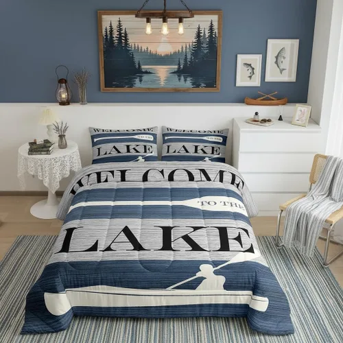 Miniatura 27 de Lake House - Juego de edredón tamaño individual, juego de ropa de cama rústica de granja vieja de 2 piezas para niños, adolescentes y adultos