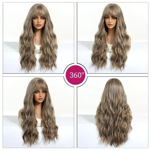 Miniatura 5 de Esmee Pelucas largas onduladas de color rubio ceniza para mujer con flecos, peluca de cabello sintético natural para uso diario y de fiesta