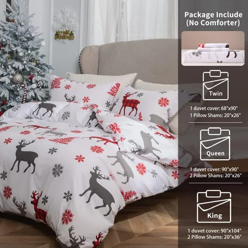 Miniatura 5 de MILDLY - Juego de funda de edredón de Navidad, tamaño King, microfibra suave, diseño de reno, copo de nieve, para regalos de Navidad