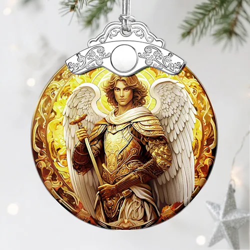 Decoraciones navideñas de Arcángel Miguel - Adornos de Navidad para árbol | Decoración de árbol de Navidad de ángel de armadura dorada | Adornos de