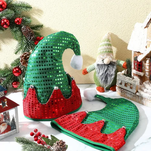 Miniatura 4 de Panitay 3 sombreros de elfo de Navidad unisex de fieltro de Papá Noel, sombrero de lentejuelas con campanas, sombrero de fieltro brillante