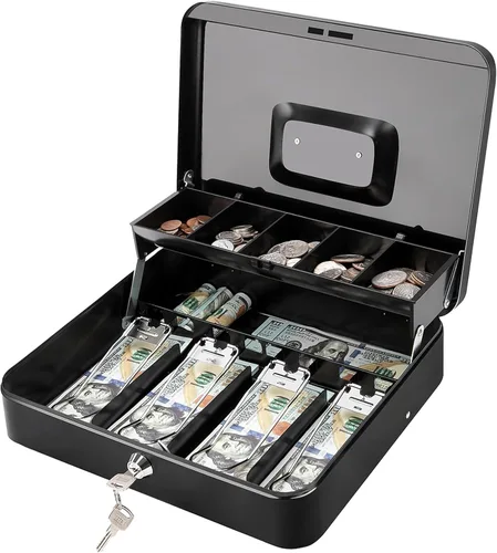 Jssmst - Caja de efectivo de metal grande con bandeja de dinero,Caja de bloqueo