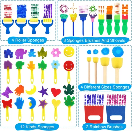 Miniatura 2 de Juego de 64 pinturas lavables, 12 colores no tóxicas para dedos con esponjas, pinceles de pintura, bata de pintura impermeable, paletas, tarjetas