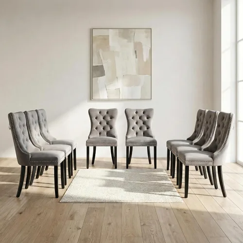 Miniatura 92 de OVENTA Juego de 4 sillas de comedor modernas tapizadas copetudas, terciopelo negro y gris y cuero con patas de madera maciza, sillas de cocina