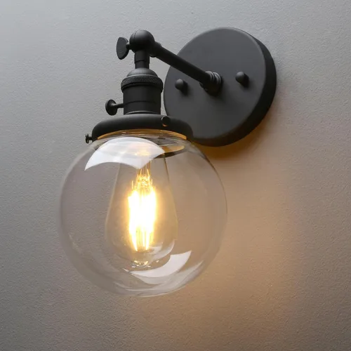 PERMO Iluminación de candelabro de pared industrial vintage con sombra de globo de vidrio transparente redondo de 5,9" soplado a mano (Negro)