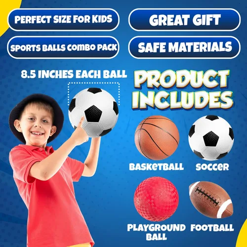 Miniatura 3 de Pelotas deportivas de 8.5 pulgadas para niños y niños pequeños, paquete de 4 pelotas inflables de goma multideporte, fútbol, baloncesto, pelota