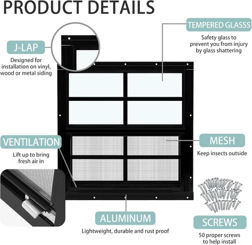 Miniatura 3 de Tandefio Paquete de 2 Ventanas de Cobertizo Empotradas de 16 x 16 pulgadas de color negro con vidrio templado y malla para el hogar, ventanas