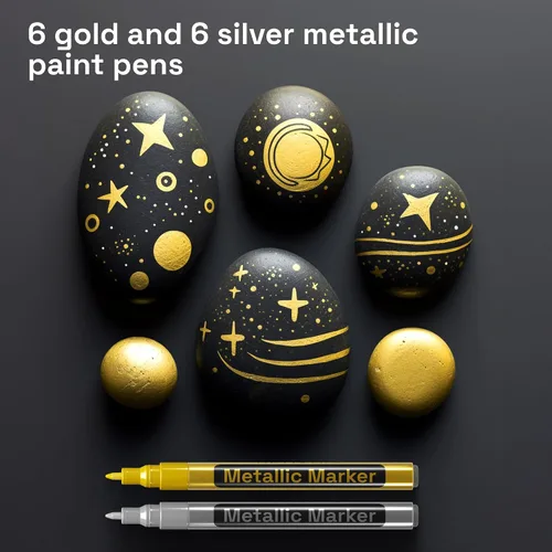 Miniatura 3 de Bolígrafos metálicos dorados y plateados para pintura de rocas, piedra, cerámica, vidrio, madera, metal, tela, lienzo. Juego de 6 marcadores