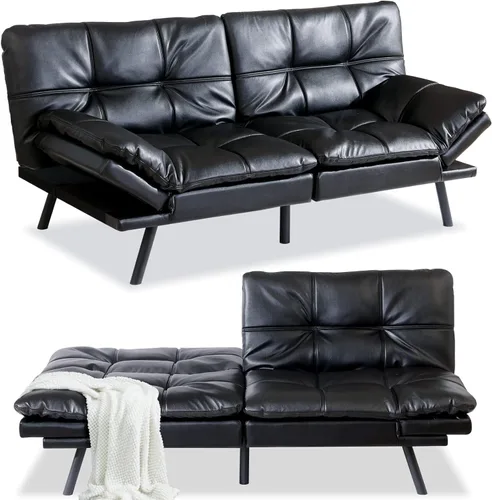 Miniatura 10 de Opoiar Sofá cama tipo futón de cuero negro convertible con espuma viscoelástica, juego de futón plegable y moderno para estudio, Drom, apartamento
