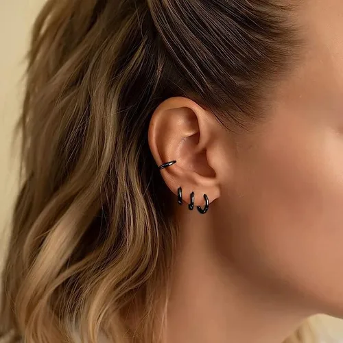 Miniatura 2 de Aretes de aro de acero inoxidable quirúrgico 316L, aretes de aro para hombre, color dorado, plateado y negro, hipoalergénicos, de 0.236 pulgadas