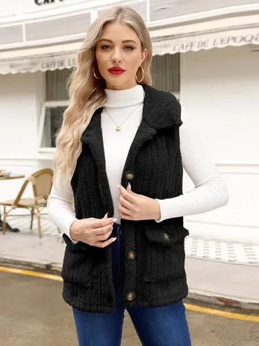 Miniatura 7 de Spadehill Chaleco de forro polar para mujer, chaleco de solapa cálido para otoño e invierno