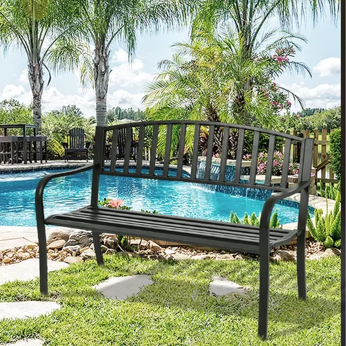 Miniatura 2 de Tangkula Banco de jardín de acero para exteriores de 50 pulgadas, banco de jardín con respaldo alto y reposabrazos inoxidables, banco ideal