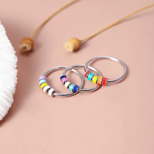 Miniatura 7 de LOVECOM Anillo giratorio de plata de ley 925 con cuentas esmaltadas coloridas para mujer, anillo giratorio antiansiedad, giratorio, apilable
