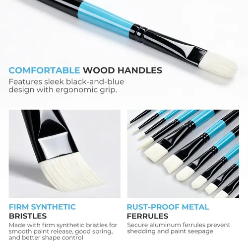 Miniatura 3 de Nicpro 12PCS Artist Paint Brush Set, Firm Synthetic Bristle Paint Brushes for Acrylic Painting & Oil, Flat Round Filbert Angle Bright Liner Brushes