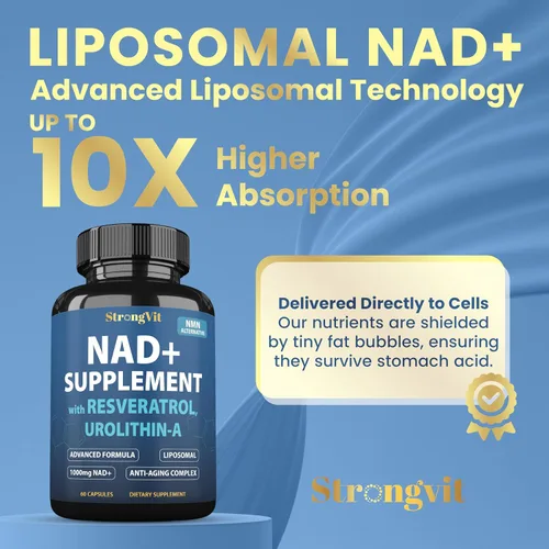 Miniatura 3 de StrongVit Suplemento NAD con Resveratrol y Urolithin-A, Complejo Anti-Edad para Mujeres y Hombres. NAD Liposomal Plus, 1000mg de Potenciador NAD+