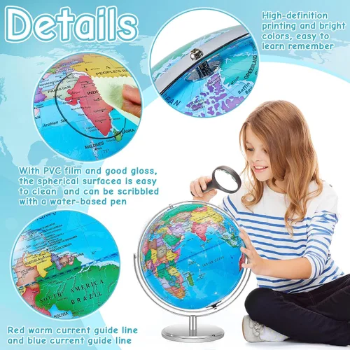 Miniatura 3 de Amylove – Globo mundial iluminado de 13'' para adultos, rotación de 720°/360°, globo reescribible con luz, con soporte, mapa del mundo para metal