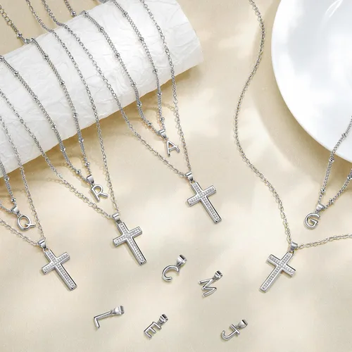 Miniatura 9 de ZENI Delicados collares de cruz para mujer, chapado en oro de 14 quilates, cadena en capas con dije de inicial, circonita cúbica, cruz de fe