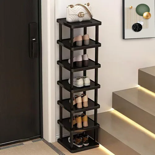 Miniatura 14 de Zapatero vertical – Organizador de zapatos alto y estrecho para espacios pequeños, estante de bambú de 5 niveles para entrada, armario, esquina