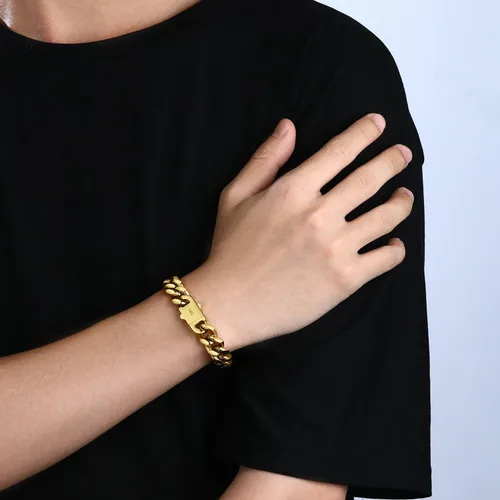 Miniatura 3 de Pulsera de cadena cubana Miami de 0.394 in y 0.472 in para hombres y mujeres, chapado en platino de 14 quilates, joyería de hip hop de acero