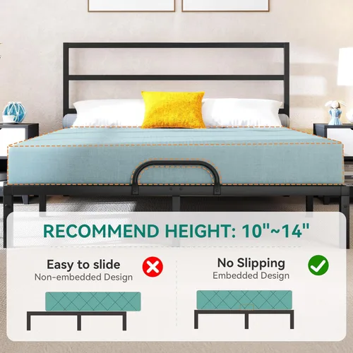 Miniatura 6 de YITAHOME Base de cama tamaño Queen con cabecero, plataforma resistente con listones de metal fuertes, no necesita somier, fácil montaje, mate y negro