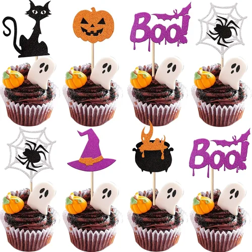 Miniatura 25 de Paquete de 24 adornos para cupcakes de Halloween con purpurina rosa, fantasma, pequeño abucheo, murciélago, bruja, gato, calabaza, magdalena