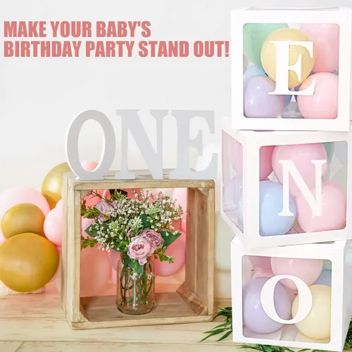 Miniatura 5 de Cajas de globos de primer cumpleaños para niño o niña con letras "ONE" individuales, tres cajas cuadradas blancas transparentes para decoración