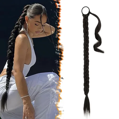 Miniatura 29 de Barsdar Extensión de 26 Pulgadas de Cola de Caballo Trenzada Larga con Banda Elástica - Extensiones de Cabello en Cola de Caballo Recta y Elegante