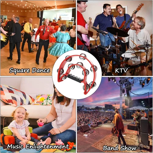 Miniatura 7 de Paquete de 4 panderetas de media luna para adultos, instrumentos musicales de percusión, pandereta de ritmo musical de doble fila para fiesta de KTV
