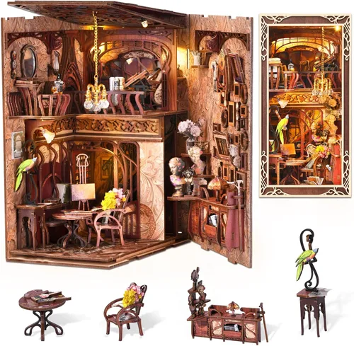 Miniatura 23 de MiniCity - Kit de manualidades para rincón de lectura, estantería de libros, inserto de estantería de madera, rompecabezas 3D, sujetalibros con luz