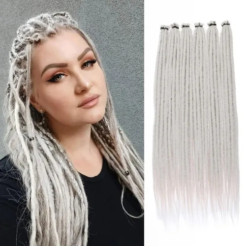 Leeven Extensiones de rastas grises de 40 hebras de 18 pulgadas con terminación única hechas a mano, extensiones de rastas suaves de 0.6 cm de