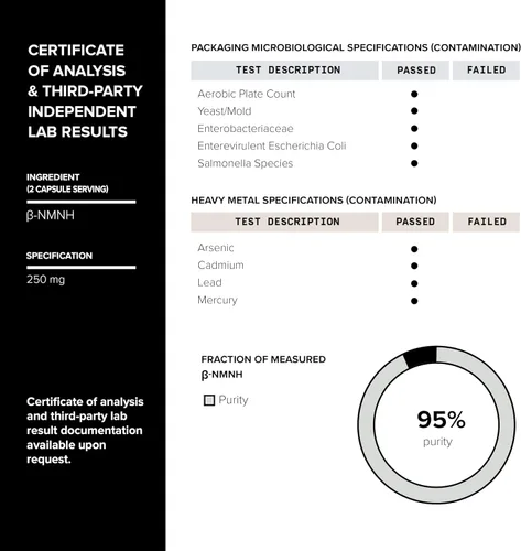 Miniatura 5 de Toniiq Suplemento NMNH – UthPeak™ clínicamente estudiado – 95% altamente purificado y probado por terceros para NAD+ y apoyo al envejecimiento