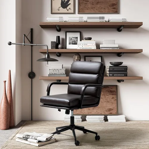 Miniatura 12 de HULALA HOME Silla moderna de piel sintética para oficina en casa con bloqueo de inclinación y base de metal, silla de escritorio con ruedas y cojín