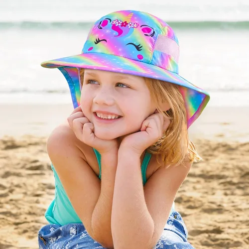 Miniatura 85 de Sombrero de sol para niños, protección UV, unicornio, verano, playa, jugar con ala ancha, solapa para el cuello para niñas y niños