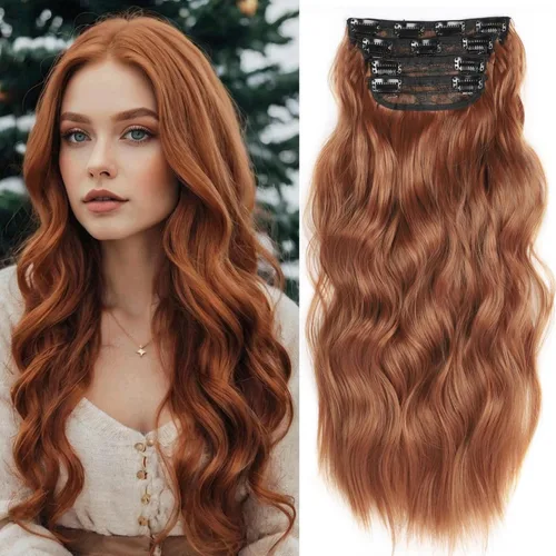 Miniatura 13 de Burgundy Clip in Hair Extensions, 4 PCS Natural Soft Long Wavy Clip on Synthetic Hair Hairpieces Curly 20Inch Curly Thick Hair 11 Clips
