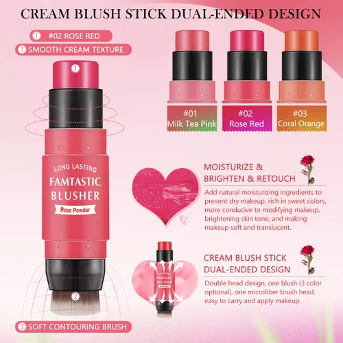 Miniatura 3 de LOKFAR Rubor en barra en crema para mejillas – Rubor de maquillaje múltiple 2 en 1 con pincel para tinte de mejillas, ojos y labios, textura suave e