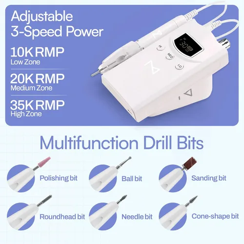 Miniatura 6 de M GEM - Taladro de uñas sin escobillas de 35 K RPM, máquina profesional inalámbrica Efile Lima de uñas eléctrica recargable con puntas Blanco