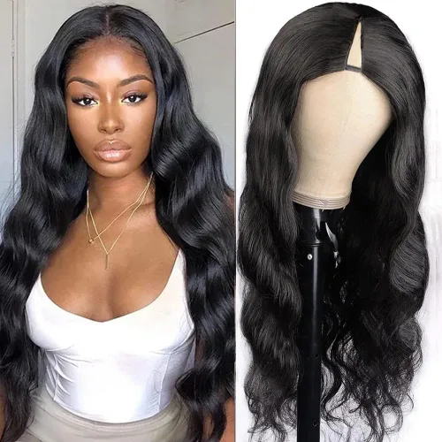 Miniatura 19 de Pelucas con camino en V ondulada de cabello humano virgen brasileño para mujeres negras; mejora de pelucas con camino en U, sin pegamento, con clip