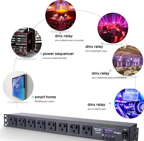 Miniatura 6 de Pknight Relé PDU DMX inteligente de 8 tomas - Secuenciador de potencia programable con control DMX512, control remoto RS485, unidad de distribución