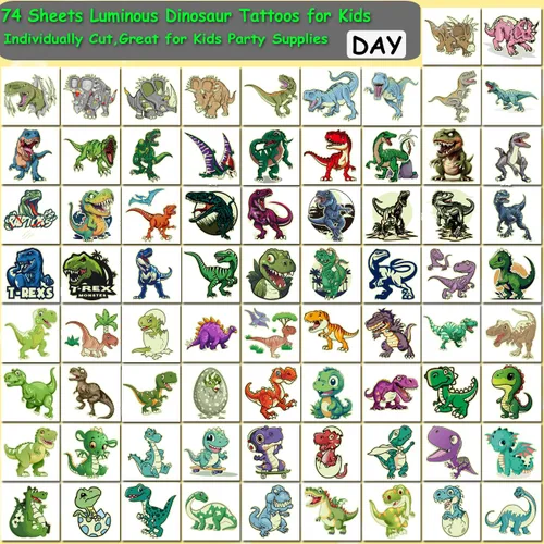 Miniatura 3 de CHARLENT Tatuajes temporales de dinosaurios que brillan en la oscuridad para niños, 74 hojas individuales, tatuajes luminosos de dinosaurio